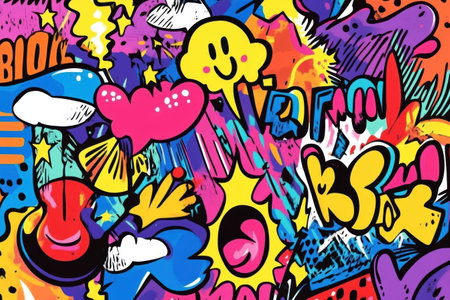 Vivid doodles filled with energy showcase playful characters and comic-style elements, complete with vivid speech bubbles and sound effects.の素材