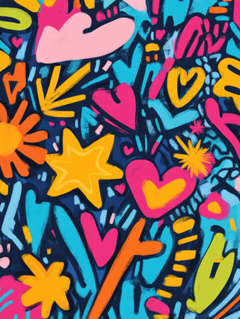 Bright doodles combine hearts, stars, and arrows in a lively pattern, showing a playful and artistic expression of color and fun.の素材