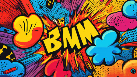 Colorful comic-style doodles bring action to life with explosive sound effects, illustrating a vibrant and energetic atmosphere in each scene.の素材