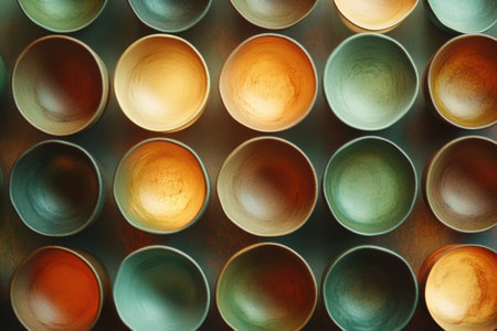 Teacups in warm brown and green sit neatly arranged, showing a harmonious blend of colors and circular forms against a soft background.の素材