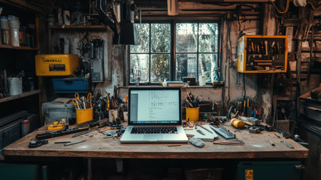A well-organized workspace features a laptop at the center, surrounded by various tools and bright natural light streaming through the window.の素材