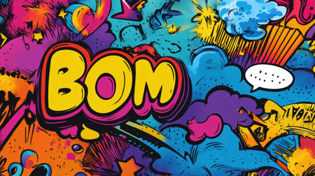 Dynamic doodles fill the space with vibrant colors, featuring playful sound effects and speech bubbles that create a lively atmosphere.の素材