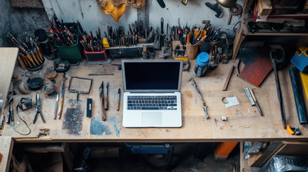 The desk is filled with assorted tools, a laptop, and organized materials, reflecting a productive atmosphere in a workshop setting.の素材