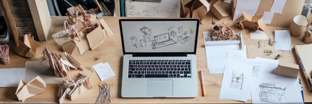 A laptop is set on a wooden desk, cluttered with sketches, crafting materials, and unfinished models, showing a lively creative process.の素材
