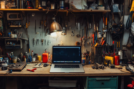 A workspace features a laptop on a wooden bench, surrounded by various tools and equipment, illuminated by an overhead lamp.の素材