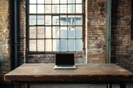 A sleek laptop sits on a weathered wooden table, surrounded by exposed brick walls and large windows letting in natural light.の素材