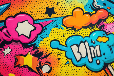 Bright colors burst from comic doodles, showcasing playful sound effects like boom and bam, igniting an imaginative and lively vibe.の素材
