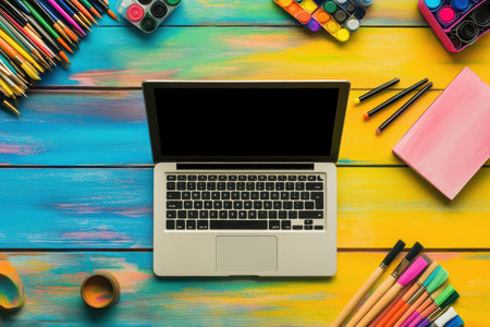 A laptop sits on a brightly colored table surrounded by various art supplies, including markers, pens, and paints, creating an inviting workspace.の素材