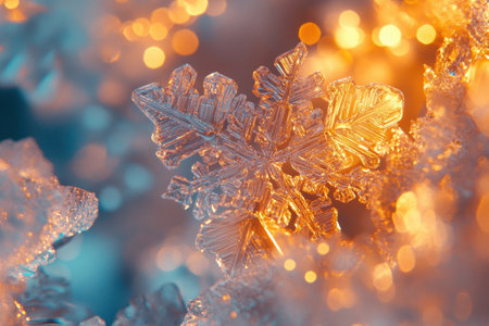 Glowing snowflake shapes in icy shades shimmer softly as they catch the fading light of twilight, creating a magical winter ambiance.の素材