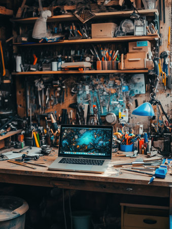 A workbench filled with tools and craft supplies features a laptop set against a backdrop of wooden shelves and workspace clutter.の素材