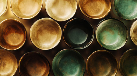A collection of circular tea cups showcases warm brown and green hues, creating an inviting atmosphere perfect for enjoying tea.の素材