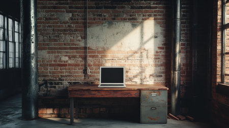 The scene showcases a laptop resting on a wooden desk in a stylish, rustic workspace with brick walls and natural light streaming in.の素材