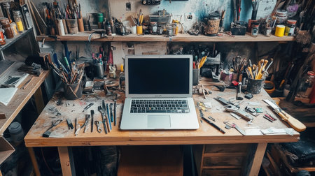 A laptop sits on a cluttered workbench filled with various tools and art supplies, reflecting a busy creative workspace.の素材