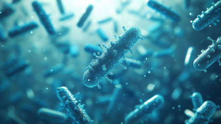 Bacteria are observed under a microscope, showing various shapes in a vibrant, nutrient-rich environment typical of a lab setting.の素材