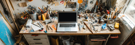 A laptop sits on a workbench surrounded by tools and materials, reflecting the busy environment of a creative workshop.の素材