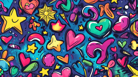 This vibrant doodle features a collection of stars, hearts, arrows, and flowers, creating an engaging and playful atmosphere.の素材