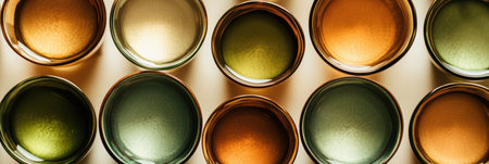 An artistic display of circular tea cups in warm brown and green tones, ideal for inviting moments of relaxation and conversation.の素材