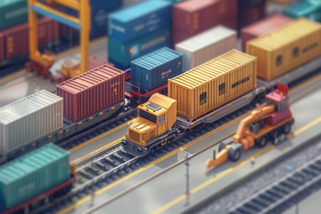 Heavy containers are being transferred from a truck to a train, highlighting logistics and transport efficiency at a rail yard.の素材