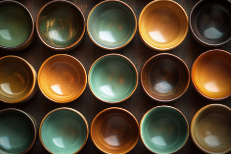 Elegant tea cups in warm brown and green hues are perfectly arranged, inviting relaxation and conversation during afternoon tea.の素材