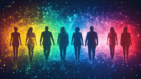 Silhouettes of various individuals stride confidently towards a colorful, digital backdrop, symbolizing diversity and togetherness.の素材