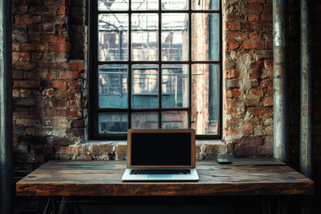 A laptop sits on a wooden desk in front of a large window, illuminating the rustic interior with natural light.の素材