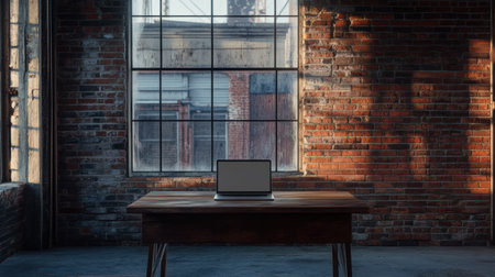 A sleek laptop rests on a wooden table in a charming brick workspace illuminated by sunlight streaming through large windows.の素材