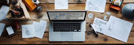 A laptop sits on a wooden table cluttered with sketches and various stationery items, indicating a creative work environment.の素材