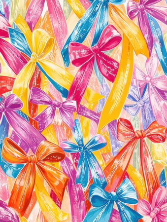 Brightly colored ribbons and bows overlap and intersect, creating a lively and festive pattern that evokes celebration and joy.の素材