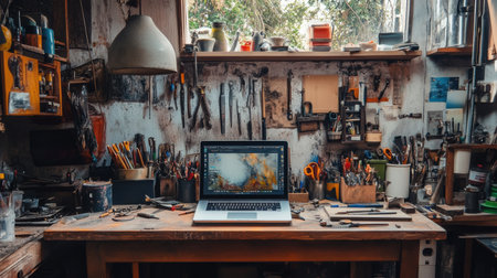 A laptop is positioned on a busy workbench cluttered with various tools and materials, illuminated by natural light from the window.の素材