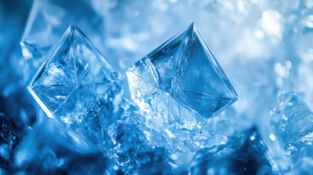 Glowing icy crystals rise prominently, reflecting captivating light and color against a rich blue backdrop, embodying winterの素材