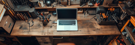 A minimalist wooden desk holds a laptop surrounded by tools and supplies, creating an inspiring workspace for creativity and productivity.の素材