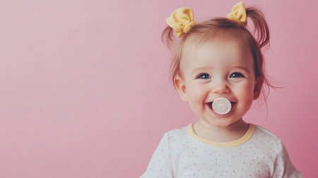 A joyful baby girl with a pacifier smiles brightly while wearing a yellow hair accessory in a cheerful setting.の素材