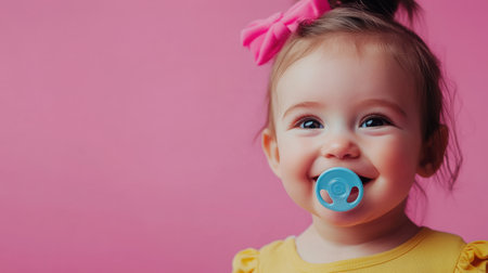 A cheerful baby girl is smiling while holding a blue pacifier in her mouth, wearing a yellow top and a bright pink bow, showing her joy.の素材