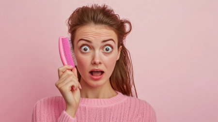 A distressed woman with wide eyes holds a comb, expressing her surprise and concern about her hair loss in a cozy setting.の素材