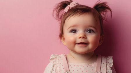 A cheerful baby girl with pigtails and a pacifier beams with joy while posing in front of a bright pink backdrop.の素材