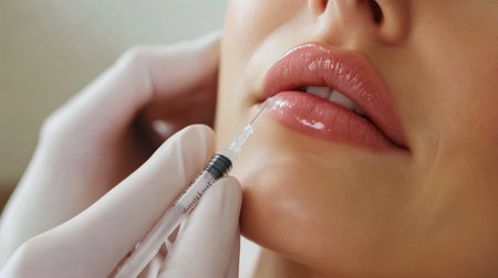 A woman sits in a clinical environment, receiving hyaluronic acid injection for lip enhancement and skin rejuvenation.の素材