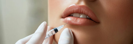 A woman undergoes a hyaluronic acid injection to enhance her lips and rejuvenate her skin, showing a focused beauty treatment.の素材
