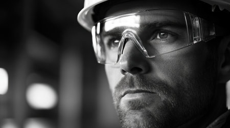 A construction worker wearing safety glasses and a hard hat looks intently, showing his dedication to the project at hand.の素材