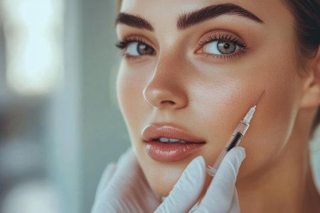A close-up captures a woman undergoing a hyaluronic acid injection, enhancing her lips and rejuvenating her skin in a professional environment.の素材