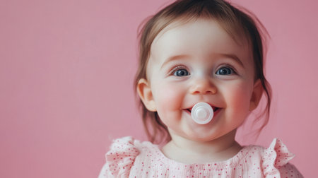 A cheerful baby girl with a pacifier beams with joy, dressed in a delicate pink outfit against a warm pink backdrop.の素材