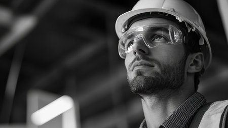 A construction worker wearing a hard hat and safety glasses evaluates the site, ensuring safety and compliance with regulations.の素材