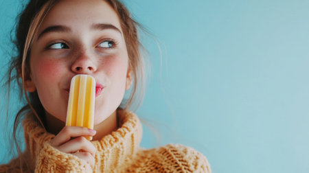 A young woman playfully licks a bright popsicle while wearing a warm sweater, savoring the delightful treat in a cheerful atmosphere.の素材