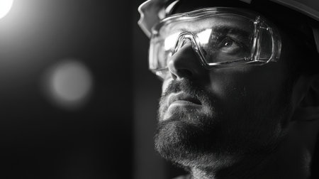 A construction worker, equipped with safety glasses and a hard hat, gazes upward, focused on the task at hand in low light.の素材