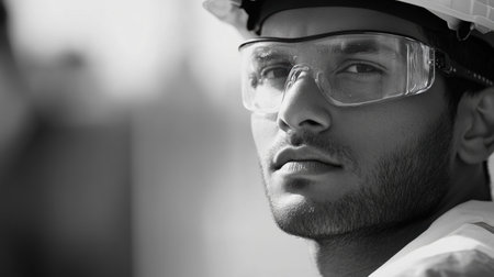 A construction worker focuses intently while wearing a hard hat and safety glasses on a busy construction site in daylight.の素材