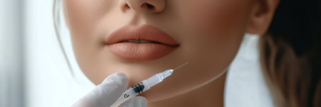 A woman is undergoing a hyaluronic acid injection for lip enhancement, aiming for rejuvenated and fuller lips in a clinical setting.の素材