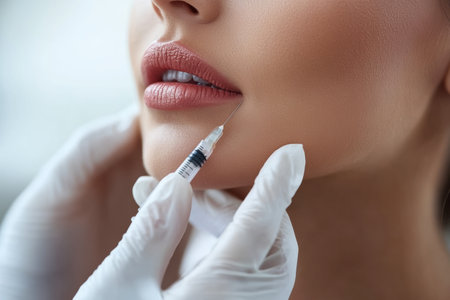 A woman receives a hyaluronic acid injection to enhance her lips and improve skin texture, highlighting a professional setting focused on beauty.の素材