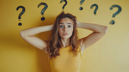 A young woman with a worried expression holds her head, surrounded by question marks on a vibrant yellow background, conveying confusion and doubt.の素材