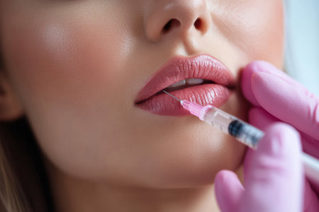 A beautiful woman receives a hyaluronic acid injection to enhance her lips and rejuvenate her skin in a cosmetic treatment setting.の素材