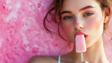A young woman indulges in a popsicle, playfully licking it while posing against a bright pink backdrop that enhances the summer vibe.の素材