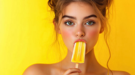 The young woman savoring a popsicle brings a cheerful summer vibe with her playful expression against a vibrant background.の素材